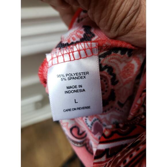 7th Avenue Blouse Women L Red Paisley Stretch Long Sleeve Ruched Cowl Neck Top - Picture 10 of 13